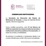 Se suspenden clases este lunes 23 de febrero: SEE