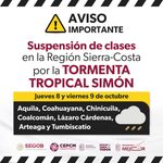 Se suspenden clases presenciales en siete municipios por la tormenta tropical Simón
